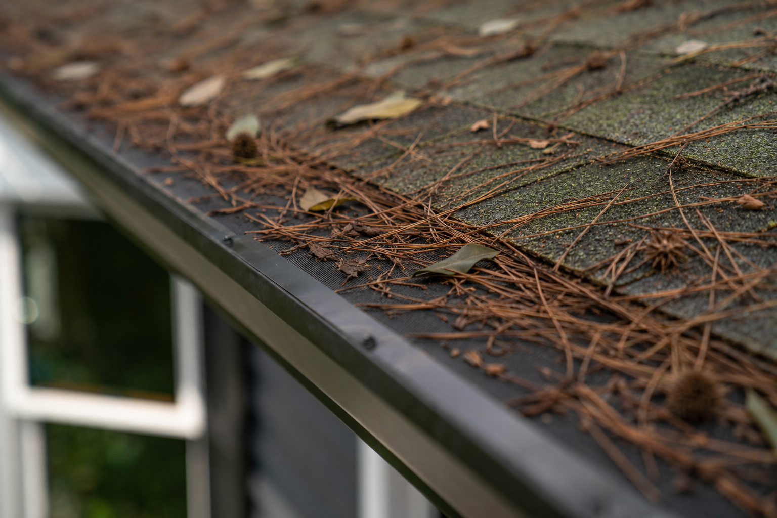 Gutter clogged with pine needles and leaves along a San Ramon roofline