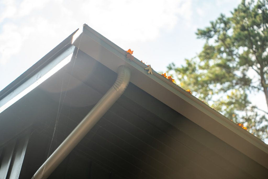 Looking up at a dark gutter and downspout from under the eave